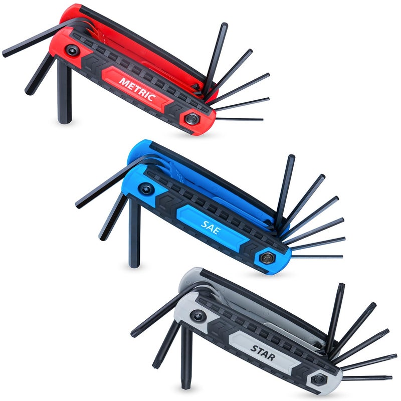 EFFICERE 25-Piece Complete Folding Hex Key Wrench Set  Metric 1.5mm - 8mm  SAE 5/64- 1/4 Star T9 - T40 | Cr-V Steel  Precise and Chamfered Tips | 3 Pack All-Purpose Portable and Compact Allen Wrench Tools - Image 1